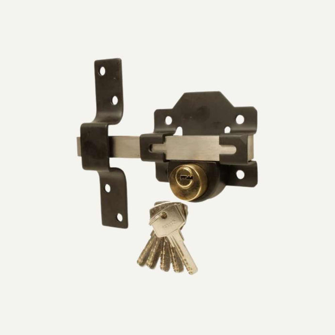 The Bingley Fencing Long Throw Key Lock features a black and stainless steel double-locking mechanism, mounted on a light background. Five keys hang from the lock, highlighting its security-focused design. Available in 50mm or 70mm.