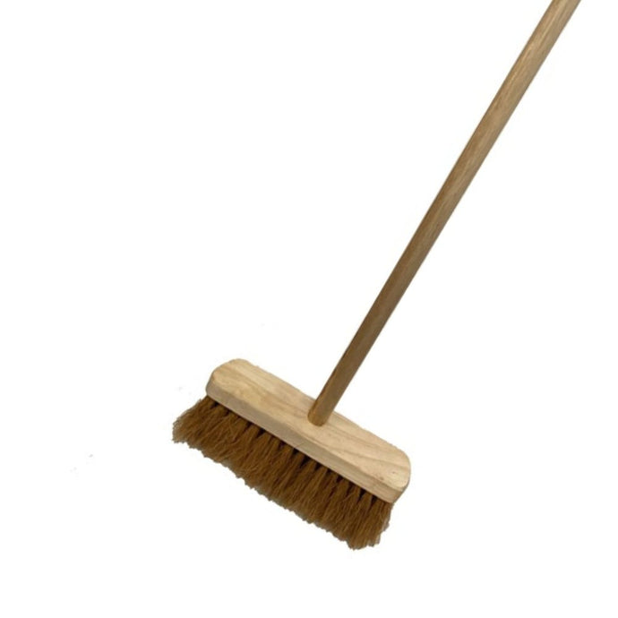 The Bingley Fencing Hard Bristle Sweeping Brush, featuring a wooden handle and dense brown bristles, is set against a plain white background.