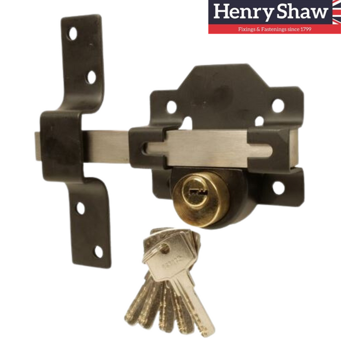 Metal throw bolt mechanism with set of keys. Used to secure gates that require key access