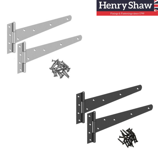 Two pairs of metal gate hinges with screws. One pair of hinges in plates steel and one pair of hinges powder coated black. For use in hanging gates