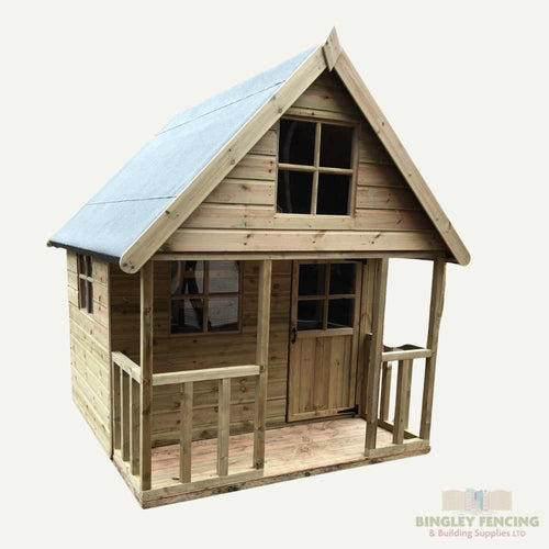 The Mini Chateau Playhouse, crafted by Bingley Fencing, boasts a pitched roof, front porch, and a whimsical window above the entrance – making it ideal for child-friendly adventures. Set against a plain background, the Bingley Fencing logo is prominently displayed in the bottom right corner.