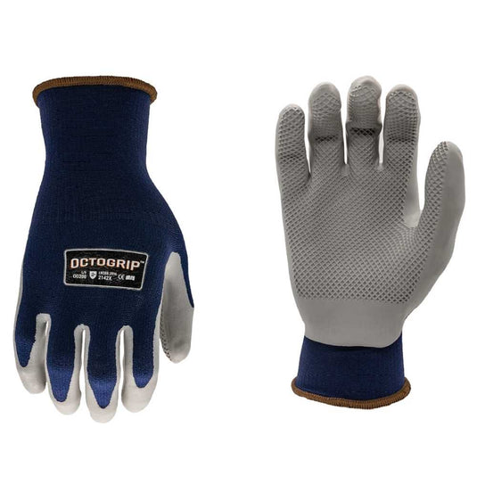 Introducing the Octogrip- OG200 - Heavy Duty Gloves by Bingley Fencing, featuring blue fabric and gray rubber gripping surfaces known for their renowned grip durability. The back of one glove is branded with OctoGrip, and these gloves provide exceptional tear resistance, making them perfect for protection and enhanced grip in various tasks.