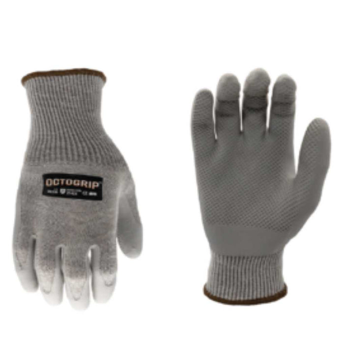 A pair of Octogrip- OG330 Heavy Duty Gloves, by Bingley Fencing, designed for construction, feature gray fabric with brown edges and black labels. One glove is displayed palm up to highlight the textured latex-coated palm, while the other prominently displays the logo on its back.