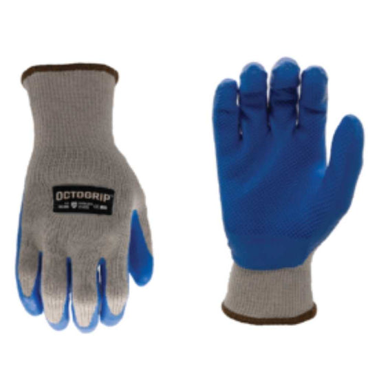 The Octogrip- OG300 - Heavy Duty Gloves from Bingley Fencing showcase a gray polyester liner with a blue rubber coating on the palm and fingers. The left glove features a black label inscribed with "Octogrip® latex" in white. They are designed with secure knit wrist closures and include brown elastic cuffs for added comfort.