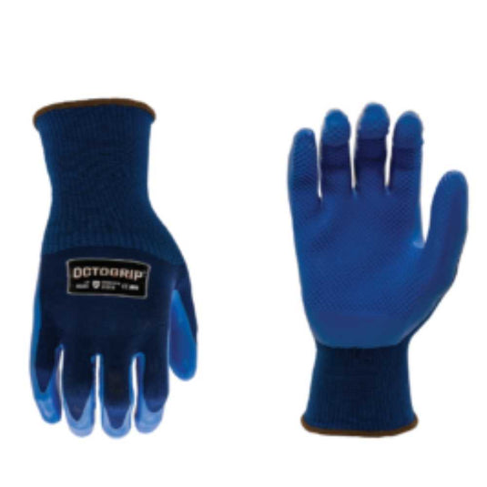 The Octogrip- OG351 Heavy Duty Gloves by Bingley Fencing are a pair of blue gloves with tear-resistant construction, featuring black labels on the wrists. One glove highlights the latex-coated palm for enhanced rubberized grip, while the other showcases the fabric texture on its back, making them a reliable and versatile choice for various tasks.