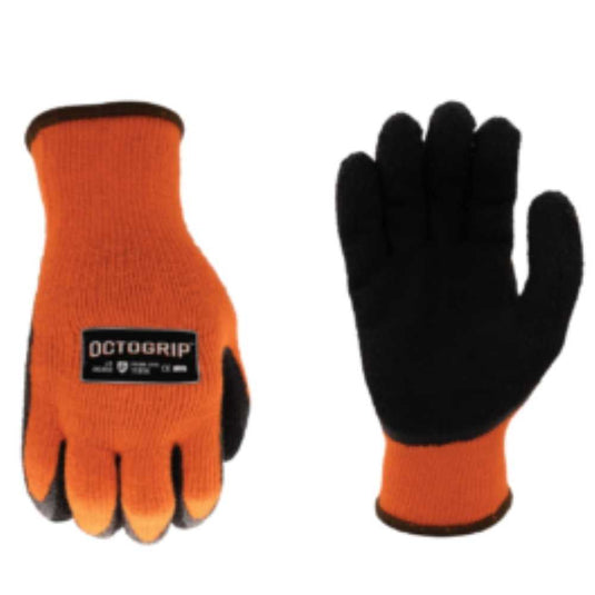 Octogrip- OG450 - Winter Gloves by Bingley Fencing feature orange and black designs with Hi-Visibility orange rubberized grip palms. Perfect for cold conditions, the left glove is shown front-facing with a label reading "Octogrip," while the right glove is displayed palm-facing.