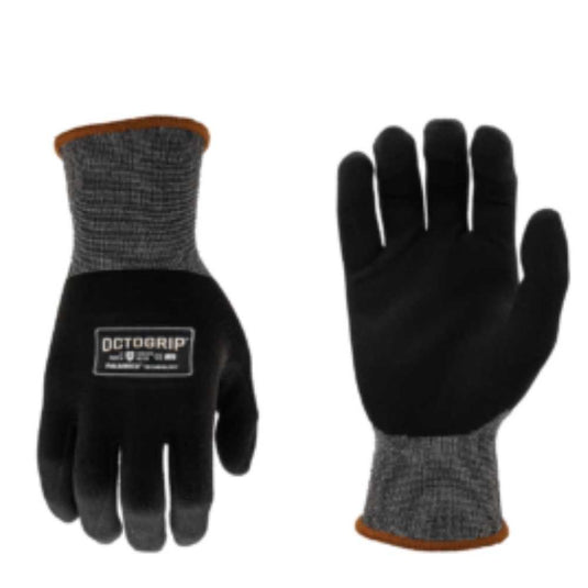 Introducing the Octogrip- PW874 - High Performance Gloves by Bingley Fencing, ideal for construction tasks. These gloves showcase a dark gray and black design with orange trim. The back of one glove prominently displays the Octogrip logo. They feature a nitrile palm with a textured surface for improved grip and are designed to be breathable, ensuring additional comfort.