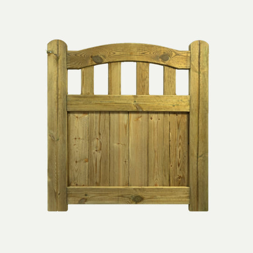 The KDM Omega Top Regency Euro-Gate is a timber garden gate with vertical planks, three rectangular cutouts at the top, and an arched upper frame, combining classic style and durability against a plain white background.