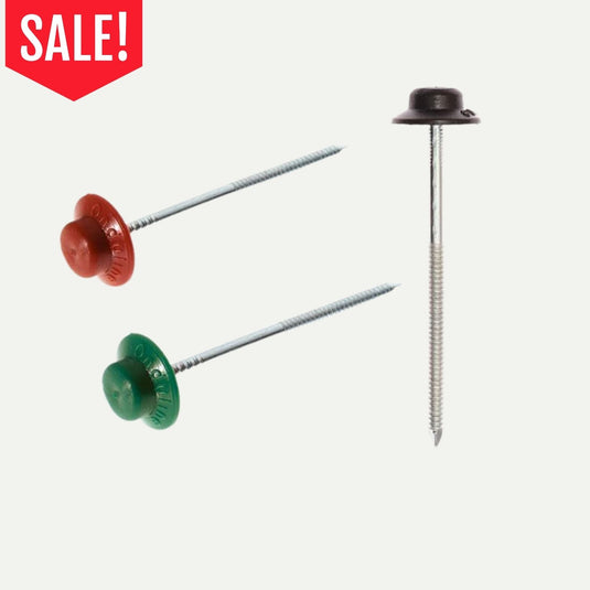 Three Reduced Onduline Annular Roof Nails by Onduline, each featuring a colored cap in red, green, or black, are displayed on a white background—ideal for shed roof fixings or securing corrugated bitumen roofing sheets. A red SALE! banner is shown in the top left corner.