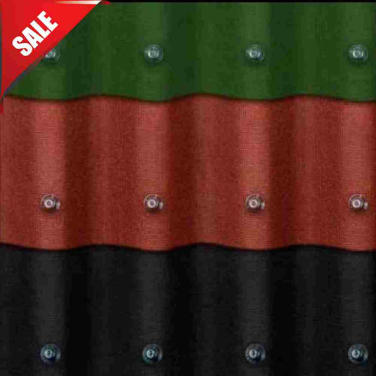 Close-up of an Onduline Corrugated Composite Bitumen Roof Sheet, ideal for shed building, showcasing alternating green, red, and black horizontal stripes. The top-left corner features a red SALE tag. Small bolts can be seen across the sheet, making it perfect for corrugated roofing projects with a sleek finish.