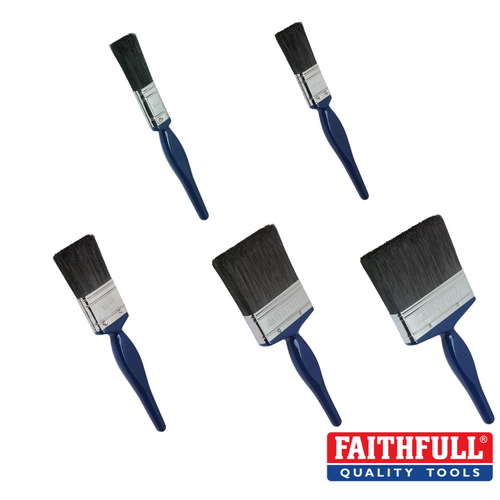 5 different sized paint brushes with blue handles