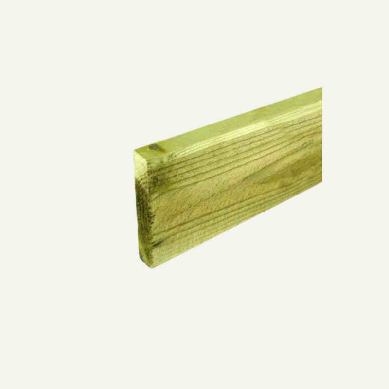 Load image into Gallery viewer, Close-up of a single Paling Board - 4&quot; x 5/8&quot; (100mm x 16mm) from Bingley Fencing, featuring a light greenish hue that suggests it&#39;s pressure-treated timber, displayed against a plain white background. The board&#39;s visible wood grain texture hints it may be freshly cut, similar to those used for garden fences.
