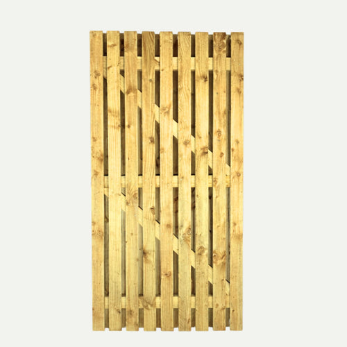 The Bingley Fencing Paling Gates Double Sided (1" Gaps, Flat or Arched Top) features evenly spaced slats and diagonal supports, shown on a white background. Perfect as a strong and stylish garden boundary gate.