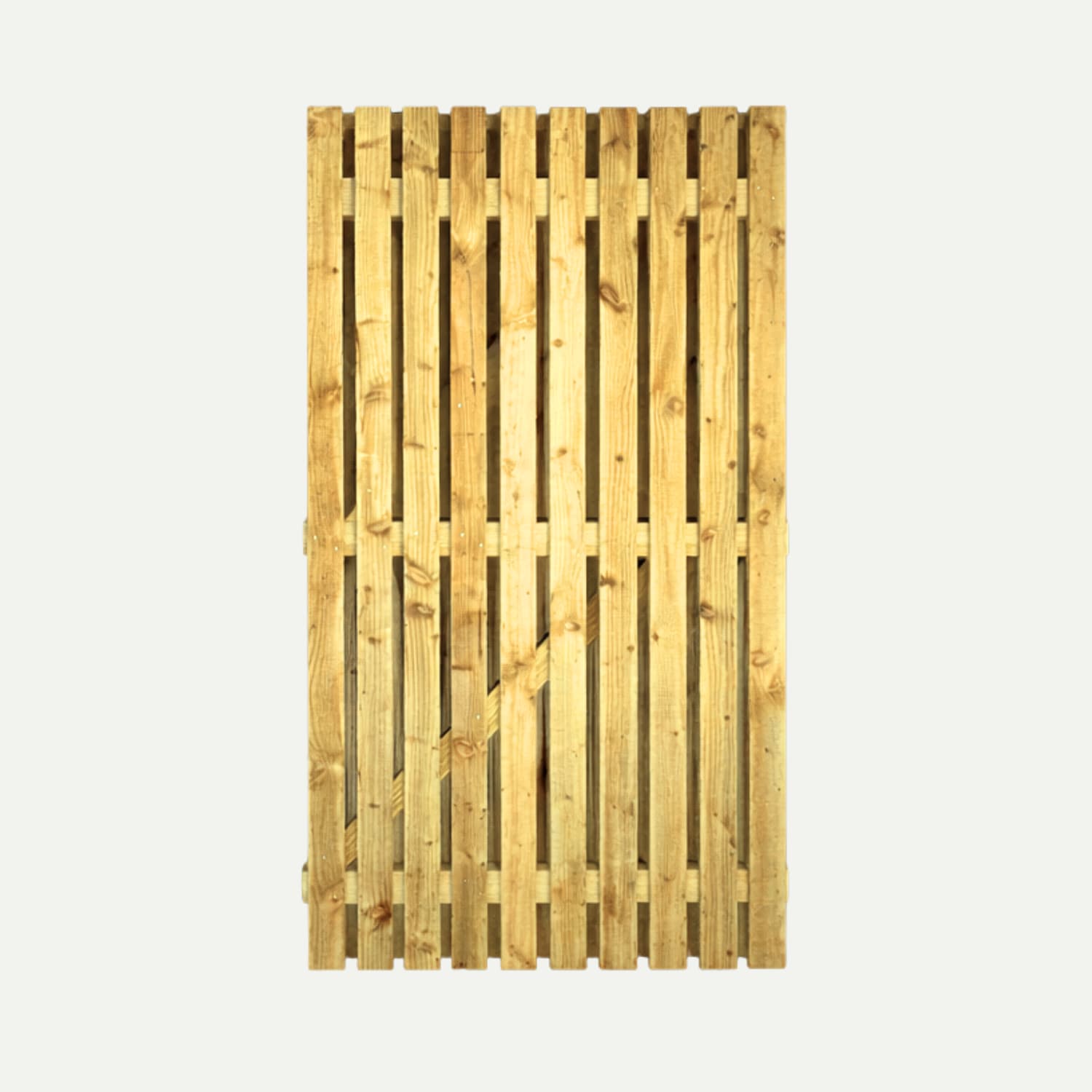 The Bingley Fencing Paling Gates Double Sided 1" Gaps-Flat Top & Arched Top features light-colored timber slats, evenly spaced vertically, and is displayed isolated on a plain white background.