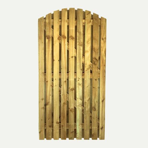 The Bingley Fencing Paling Gates Double Sided 1" Gaps feature flat or arched tops, vertical planks with a diagonal back support, and a natural finish with visible knots and grain, shown here against a plain white background.