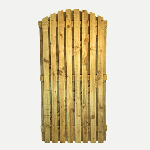 The Bingley Fencing Paling Gates Double Sided 1" Gaps—with flat or arched top—feature vertical slats in light brown pressure-treated timber, perfect for boundary fencing. Shown against a plain white background.