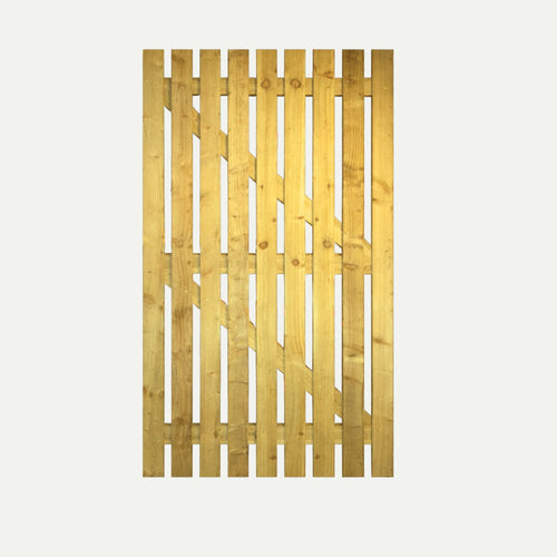 The Bingley Fencing Paling Gates Single Sided 1" Gaps—Flat Top & Arched Top, made from pressure treated timber with vertical slats and angled supports, is shown from above against a plain white background.
