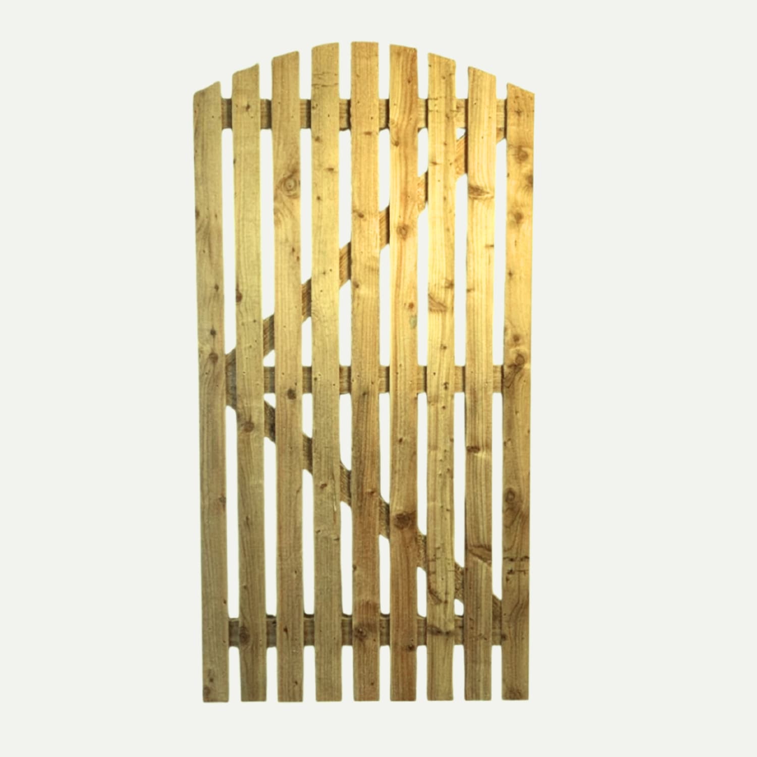 The Bingley Fencing Paling Gates Double Sided 1" Gaps, with flat or arched tops, are made from pressure treated timber and feature vertical slats—ideal for boundary fencing and shown against a plain white background.