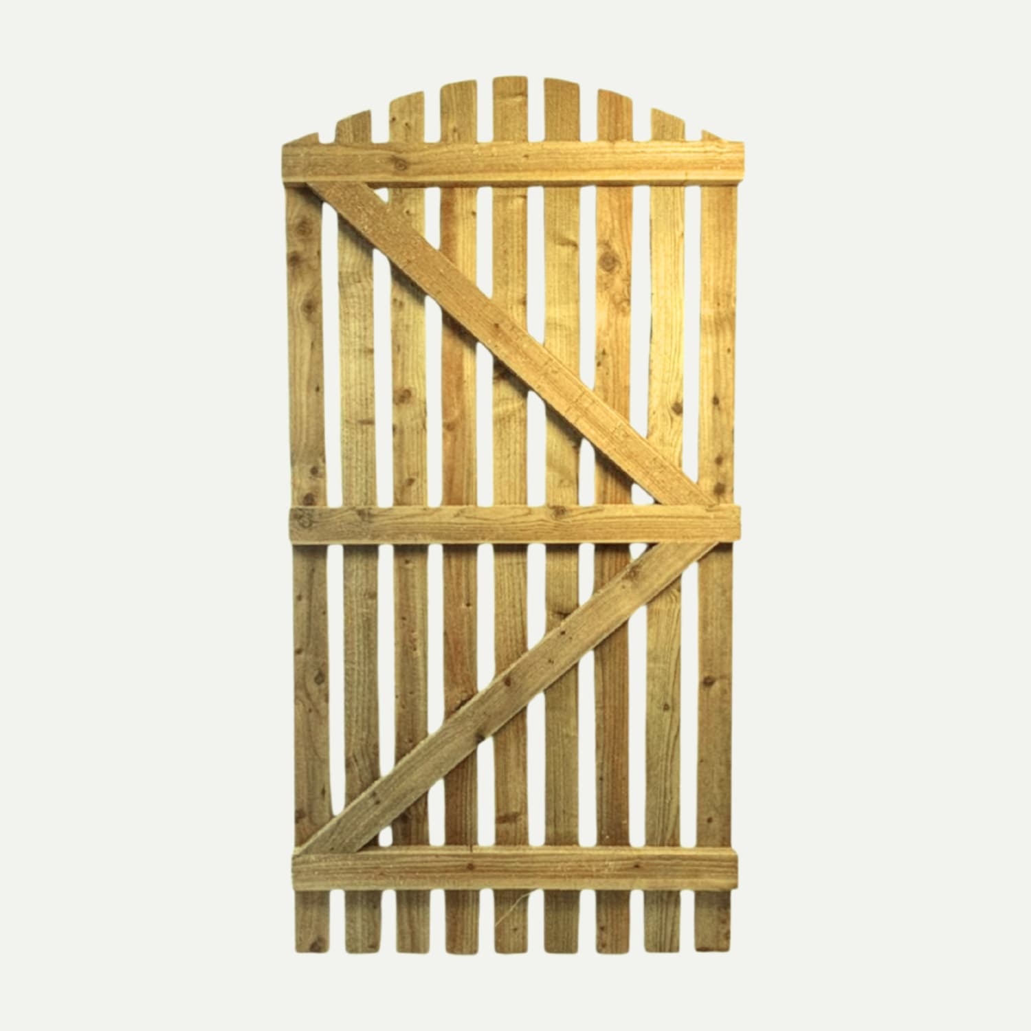 The Bingley Fencing Paling Gates Double Sided feature 1" gaps, reinforced with diagonal and horizontal supports, and come in flat top or arched top designs—perfect for boundary fencing, shown against a plain white background.