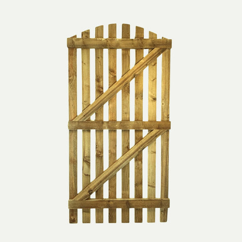 The Bingley Fencing Paling Gates Single Sided 2" Gaps—available in flat or arched tops—feature classic vertical timber slats with a sturdy design, adding charm to any outdoor space. Set against a plain white background.