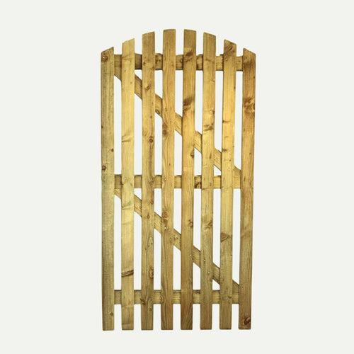 The Bingley Fencing Paling Gates Single Sided 2" Gaps feature vertical slats, diagonal and horizontal supports, and come with either a flat or arched top for a natural finish.