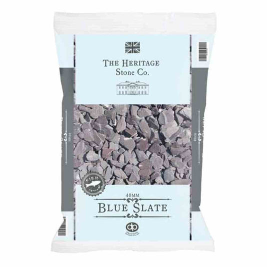 A 20kg bag of 40mm Blue Slate from The Heritage Stone Company is ideal for adding a decorative touch to your garden. It comes with a light blue label showcasing images of slate pieces and detailed product information, providing a stylish way to include garden slate in your outdoor space.