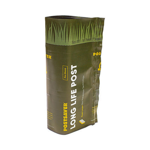 A green package of Postsaver Rot Protection, designed by Post Saver for protecting fence posts, is displayed. The packaging features grass graphics and product details, highlighting its ground-line rot prevention technology.