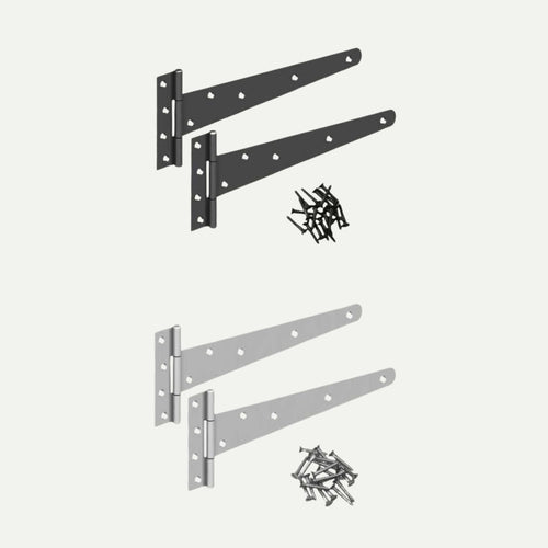 Two sets of Henry Shaw Pre-Packed Medium T Hinges—one black, one galvanised—each includes two hinges with matching screws. Ideal for gates and ironmongery. All items shown on a white background.