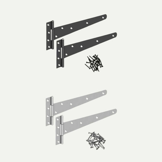 Two sets of Henry Shaw Pre-Packed Medium T Hinges—one black, one galvanised—each includes two hinges with matching screws. Ideal for gates and ironmongery. All items shown on a white background.