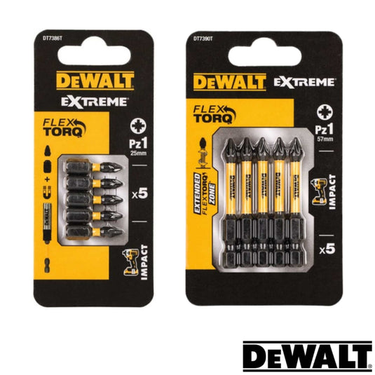 Two packs of Dewalt Extreme FlexTORQ PZ1 screwdriver bits are shown. The left package contains short bits labeled Pz1 for precise tasks, while the right package includes longer 57mm Pz1 bits designed for impact drivers. Both packages prominently display the renowned Dewalt logo and highlight the impact feature, with each pack containing five pieces.