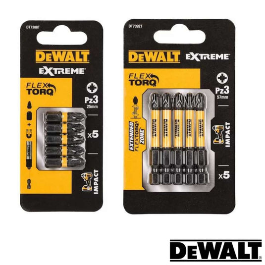 The image shows two blister packs of Dewalt- Extreme FlexTORQ PZ3 Various Lengths - Pack Of 5 screwdriver bits. The pack on the left contains five 25mm PZ3 bits, and the one on the right contains five 57mm PZ3 bits, making them perfect for impact drivers. At the bottom of each pack, you can see the renowned Dewalt logo prominently displayed.