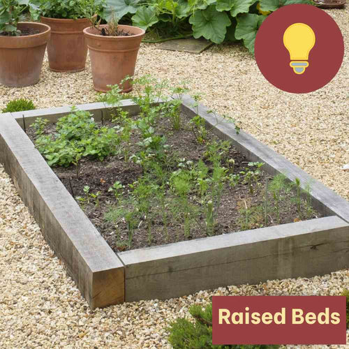A wooden raised garden bed made from Bingley Fencing's Railway Sleepers houses a variety of small plants on a gravel surface. Terracotta pots and vibrant green leaves create the backdrop. An icon of a light bulb with the text "Railway Sleepers" is positioned in the corners, emphasizing essential landscaping elements.