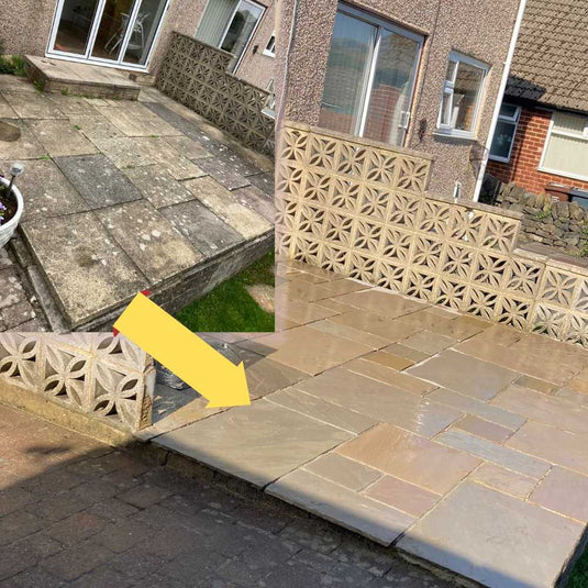 Before and after shots of old patio to new indian sandstone
