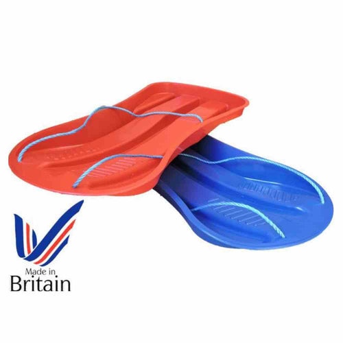 Two Bingley Fencing Snow Sledges, one in red and the other in blue, come with attached ropes for easy pulling. Designed for winter outdoor sports, these sleds feature grooves that make them perfect for gliding on snow. A logo in the corner showcases “Made in Britain” next to a stylized flag graphic.