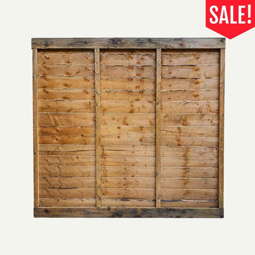 Overlap Fence Panel 1530mm x 1630mm – Clearance Stock square garden fence panel featuring horizontal slats, three vertical support battens, and a red clearance price tag in the top right corner.