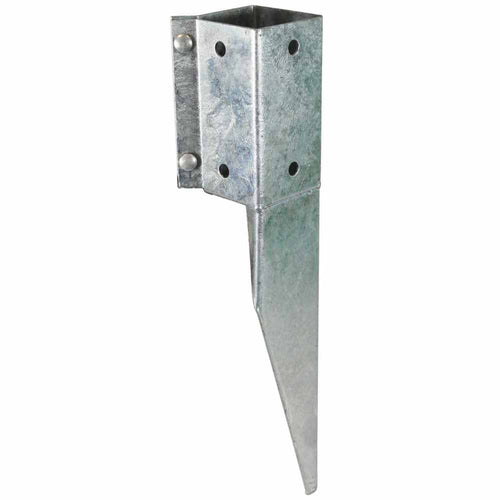 The Henry Shaw Fence Post Repair Spike - 3" x 3" - Galvanised is an excellent choice for securely supporting wooden posts. It includes a pointed end for easy ground insertion and features multiple holes for fastening, offering robust support. The galvanised surface ensures corrosion resistance, enhancing its durability and reliability.