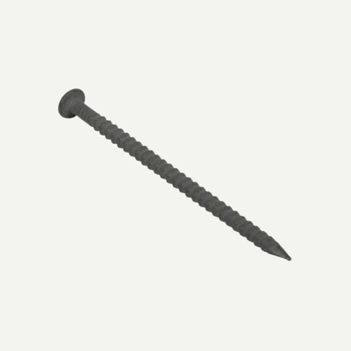 A close-up of a single dark gray Annular Ring Shank nail by Sitemate, measuring 40mm x 2.65mm with a flat head and grooves, positioned diagonally against a plain light background. Ideal for fastening MDF and plywood thanks to its superior withdrawal resistance.