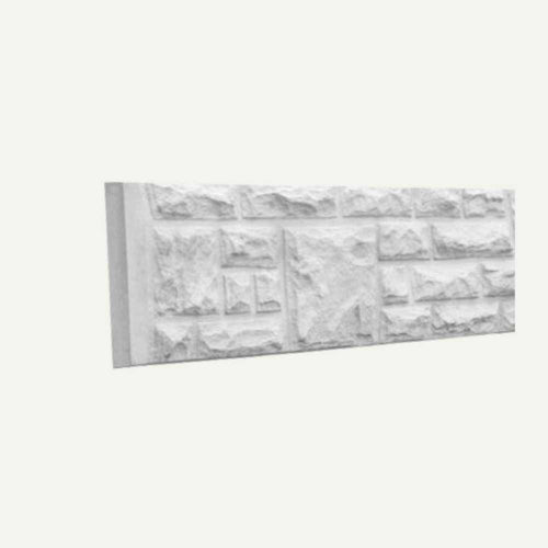 The Concrete Gravel Board - Brick Faced by Bingley Fencing is a rectangular panel with a textured, white stone pattern resembling a brick wall. It provides moisture prevention and features detailed reliefs and a monochrome finish set against a light background.