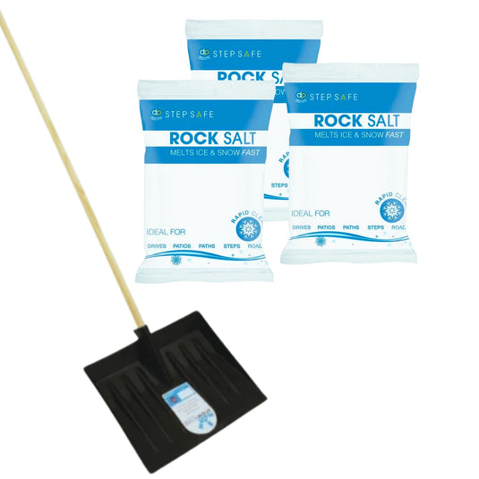 Bingley Fencing 3 Bags Brown Rock Salt & Snow Shovel Offer, featuring three bags of effective brown rock salt and a black snow shovel with a wooden handle, set against a white background.