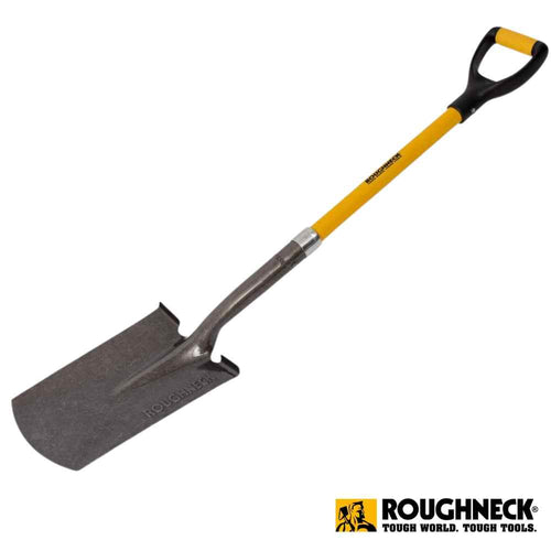 A Roughneck Digging Spade 42″ featuring a yellow and black fibreglass handle and a wide, flat carbon steel blade. The Roughneck logo appears in the bottom corner of the image, highlighting its reputation as a dependable tool for all your gardening needs.