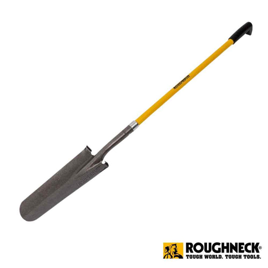 The Roughneck Long Handled Drainage Shovel features a durable fiberglass handle with a black grip and a gray, sharpened blade designed for digging or trenching. The brand logo ROUGHNECK is prominently displayed in the bottom corner.