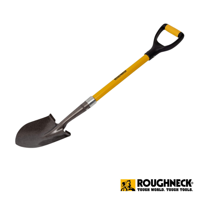 Image of a Roughneck Mini Shovel with a durable fibreglass handle and black grip. The round shovel head, crafted from carbon steel, is slightly curved. The Roughneck logo, featuring a stylized lion, is displayed at the bottom right corner.