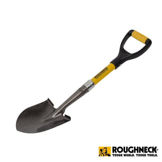 The image features the Roughneck Micro Shovel Round 27", highlighting its rugged fibreglass handle in bold black and yellow. The durable, curved metal blade emphasizes its robust nature. The distinctive Roughneck logo appears at the bottom right, alongside the slogan "Tough World. Tough Tools.