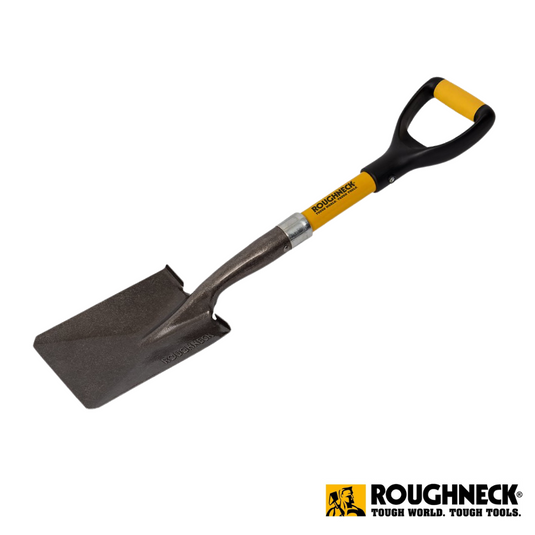 Image of a Roughneck Micro Shovel Square 27” featuring a yellow and black fibreglass handle. This shovel is equipped with a narrow, angled heavy-duty carbon steel blade and the brand's logo is displayed in the bottom right corner.