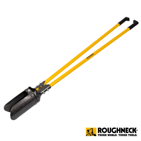 The Roughneck Traditional Pattern Post Hole Digger, with yellow fibreglass handles and black, hardened steel blades, features the Roughneck logo at the bottom right corner.