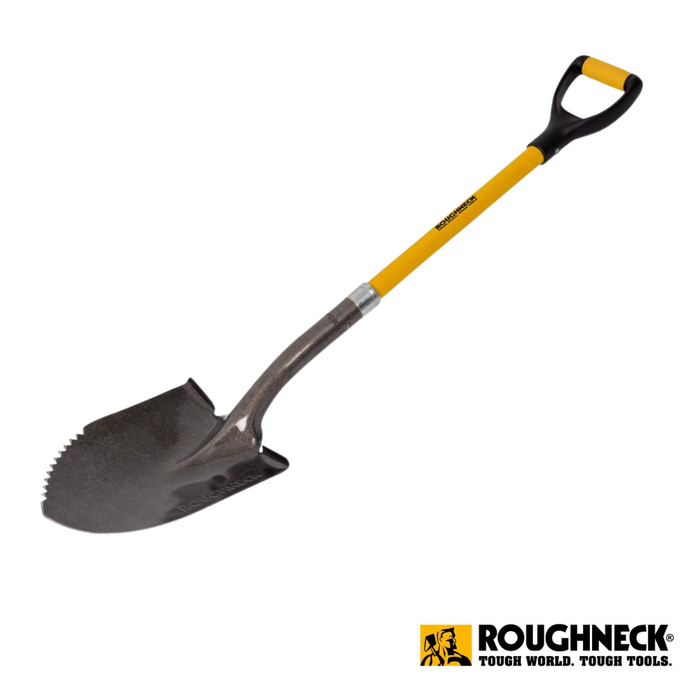 The Roughneck - Sharp Edge Shovel 42” features a vibrant yellow and black handle with a sturdy metal blade, designed for heavy-duty digging tasks. Its serrated edge provides precision, while the notable Roughneck logo is prominently shown in the bottom right corner.