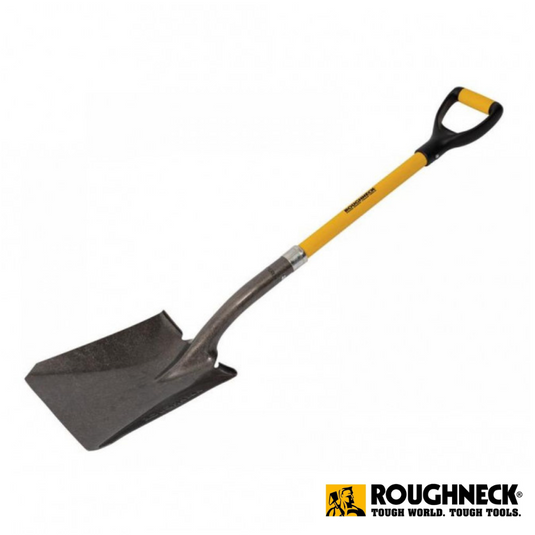 Introducing the Roughneck- Shovel - Square 42”, a robust tool designed with a sturdy yellow fibreglass handle and a comfortable black grip. It features a heavy-duty, wide, flat metal blade ideal for rigorous tasks. The Roughneck brand logo and the slogan 