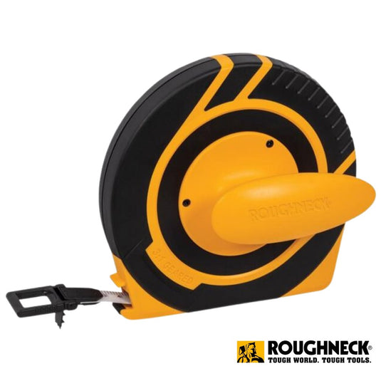 A Roughneck Closed Long Tape 30m/100ft (Width 15mm) with an ergonomic grip is shown, featuring a retractable fibreglass blade and a side clip. The Roughneck branding is visible in the bottom corner.