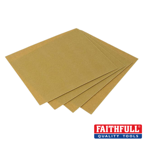 Five sheets of brown sanding paper are slightly fanned out, prominently displaying the Faithfull brand logo in the bottom right corner.