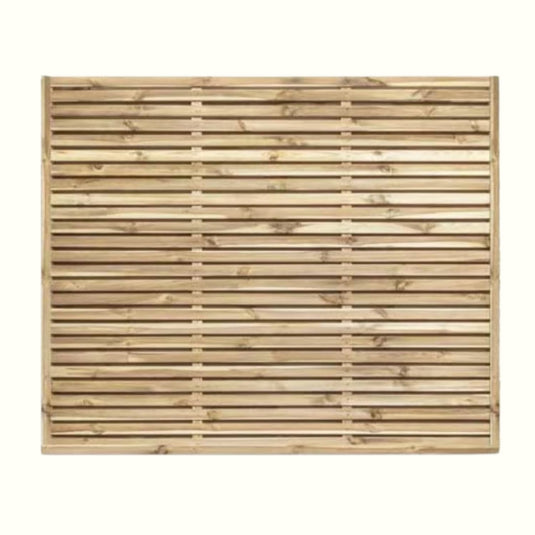 The KDM Double Sided Slatted Panels (SDS180) are rectangular European fence panels with a slatted top, featuring horizontal wooden planks, even gaps, and a natural light brown wood finish.
